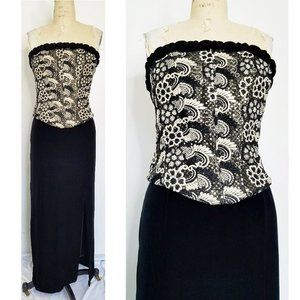 Vintage Aspeed Womens Gown Velvet Bustier Sequins Black White Gold Strapless